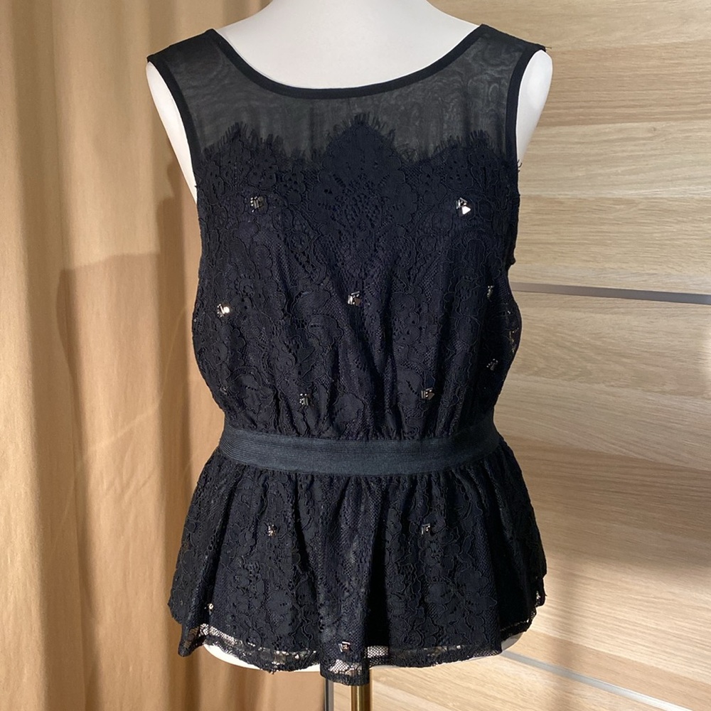 Meadow Rue Lace Peplum Blouse Size M Black Sleeveless Sheer Floral Top